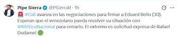 El anuncio del periodista Felipe Sierra, especialista en mercado de pases del fútbol colombiano, sobre la posible llegada de Eduard Bello al Deportivo Cali - crédito @psierrar/X