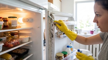 Persona con guantes amarillos limpia las juntas blancas de la puerta abierta de un refrigerador con un cepillo y un trapo; las juntas muestran suciedad oscura.