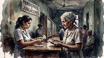 Ilustración en acuarela de una mujer mayor que recibe billetes en un mostrador con la inscripción Pensiones y Jubilaciones.