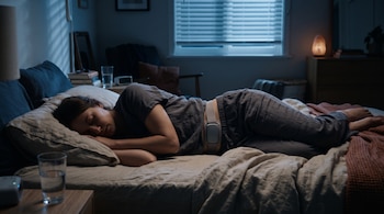 Una persona recostada de lado en una cama con ropa de dormir y un dispositivo rectangular sujeto con una correa a la cintura.