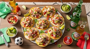 Vista superior de un plato con ocho tostadas de ceviche de camarón, aguacate y cebolla. Se aprecian botellas de cerveza, limas, guacamole y una pelota de fútbol.