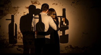 Un hombre y una mujer se abrazan de espaldas frente a una pared rústica, con sombras de botellas y cigarrillos proyectadas en la pared.