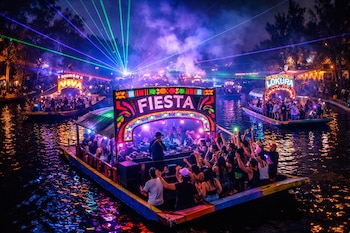 Grupo de personas en varias trajineras iluminadas con luces de colores y láser, en un canal oscuro con árboles en los márgenes. Un DJ se presenta.