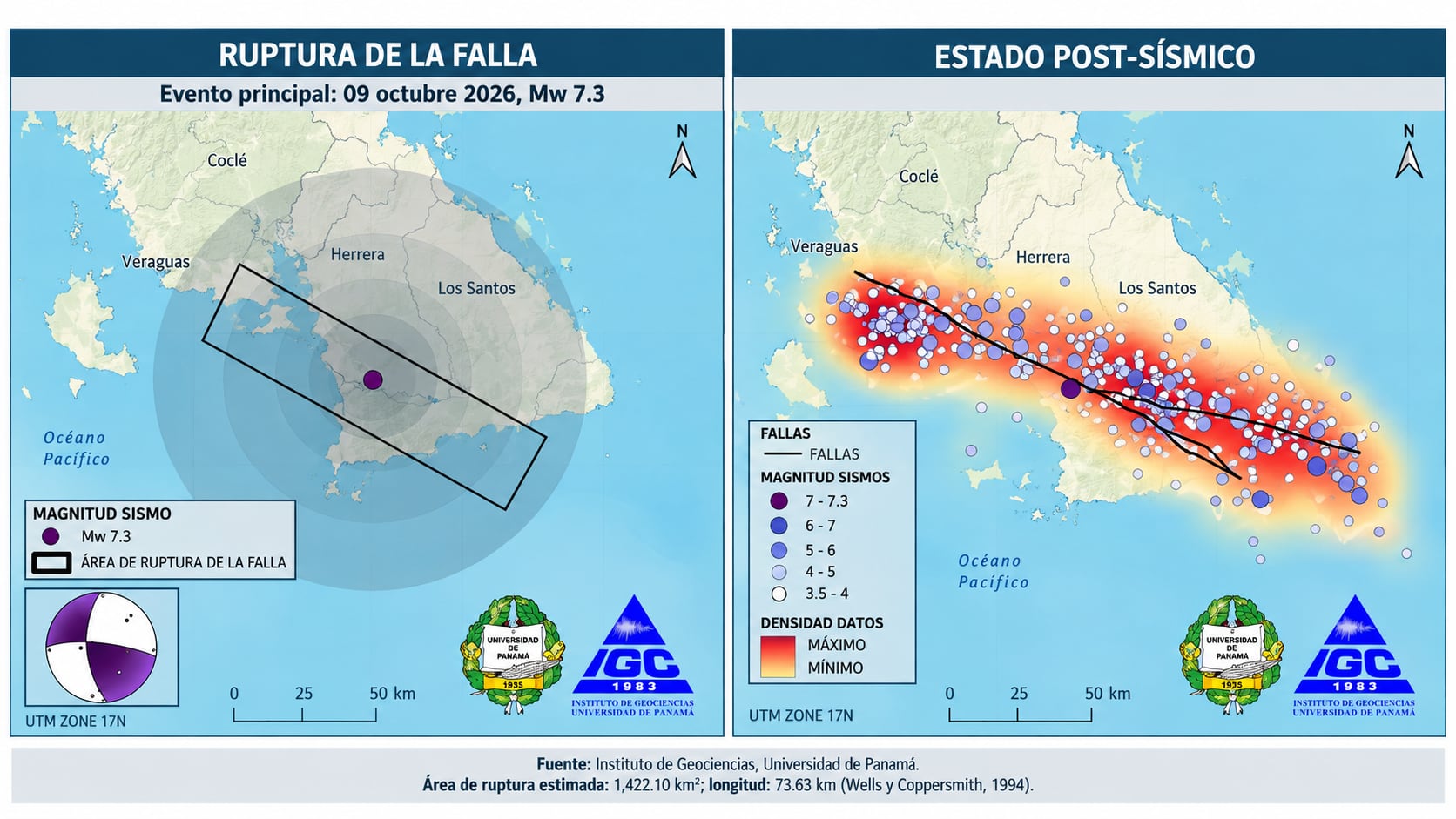 Los mapas muestran la zona estimada de ruptura de la falla y la distribución de las réplicas registradas después del evento principal. (Instituto de Geociencias)