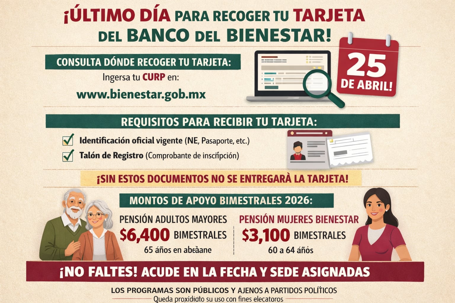 El 25 de abril marca el último día para que beneficiarios recojan su tarjeta del Banco del Bienestar, esencial para acceder a las pensiones de Adultos Mayores y Mujeres Bienestar en México