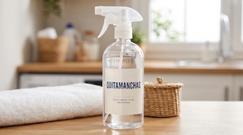 Botella transparente con pulverizador de quitamanchas, toalla blanca enrollada y cesta de mimbre sobre una encimera de madera.