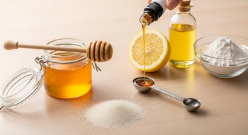 Mano vierte líquido en cuchara. En mesa clara: frasco de miel, limón, azúcar, aceite y tazón con polvo blanco. Utensilios de cocina visibles.