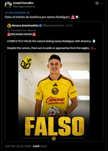 El comunicador detalló que hubo acercamiento por el volante colombiano por parte de las "Águilas", pero aún no existe negociación en marcha por él-crédito @PacoMontesLA/X