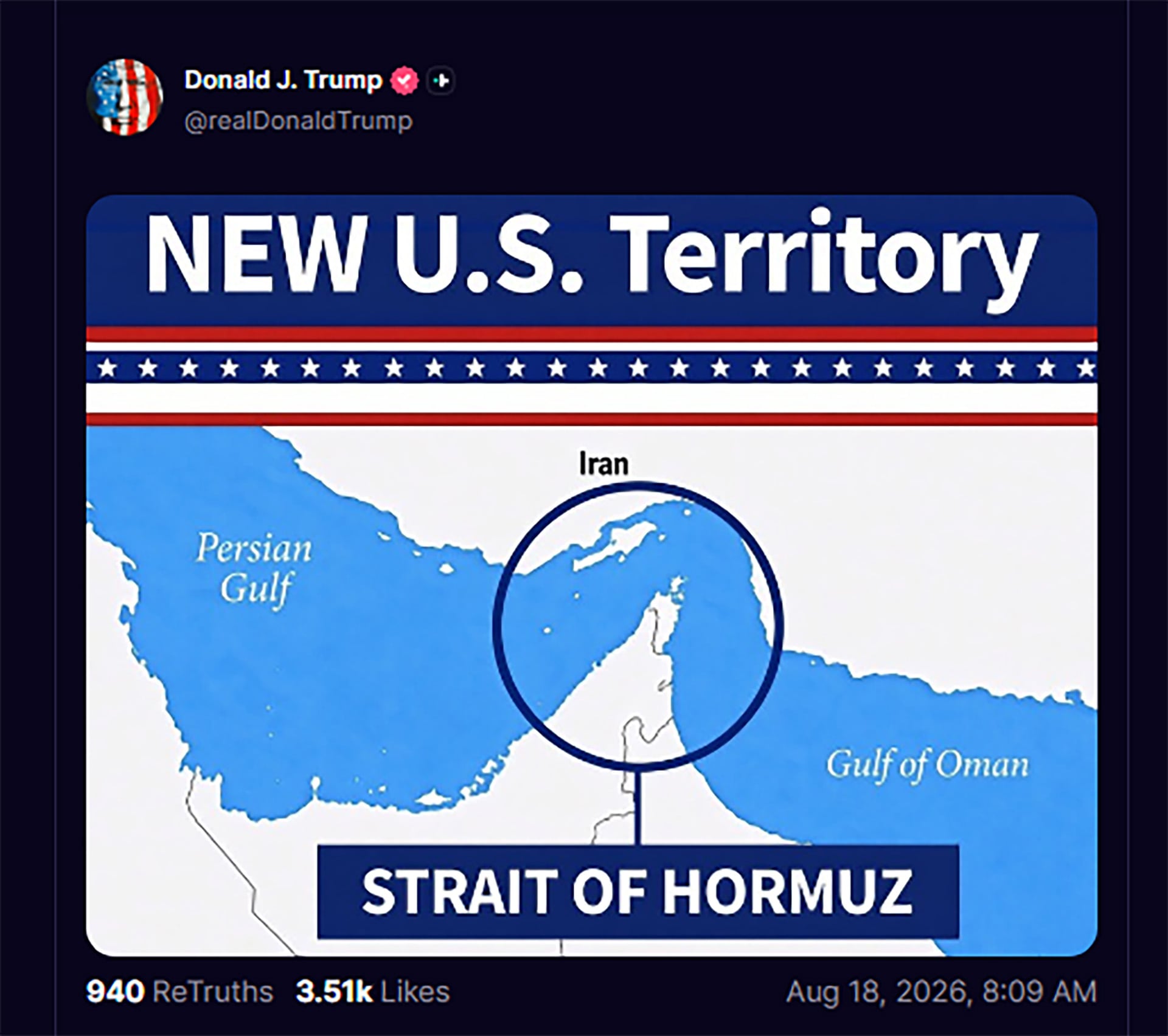 Donald Trump presentó un mapa donde el estrecho de Ormuz, entre el golfo Pérsico y el golfo de Omán, aparece demarcado como nuevo territorio de Estados Unidos