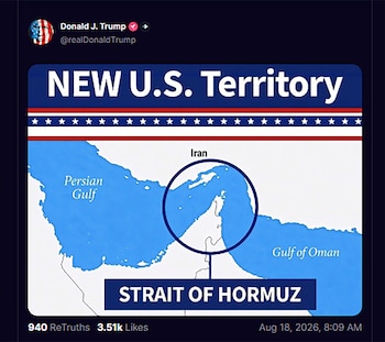 Captura de tuit de Donald Trump. Imagen de mapa azul con el estrecho de Ormuz, golfo Pérsico e Irán, titulado 'Nuevo Territorio de Estados Unidos'