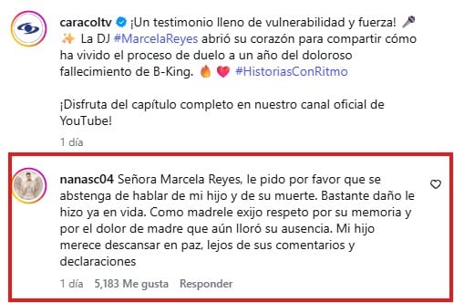 Adriana Salazar, madre de B-King, exigió a Marcela Reyes que se abstenga de hablar públicamente sobre su hijo - crédito @caracoltv/Instagram