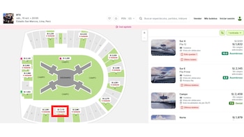 Captura de pantalla de un mapa de asientos de un estadio con varios precios en soles peruanos y un recuadro rojo que destaca 7.115 soles