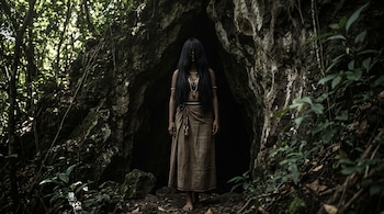 Una mujer descalza con falda larga y cabello negro que cubre su rostro se encuentra de pie ante la entrada oscura de una cueva rocosa.