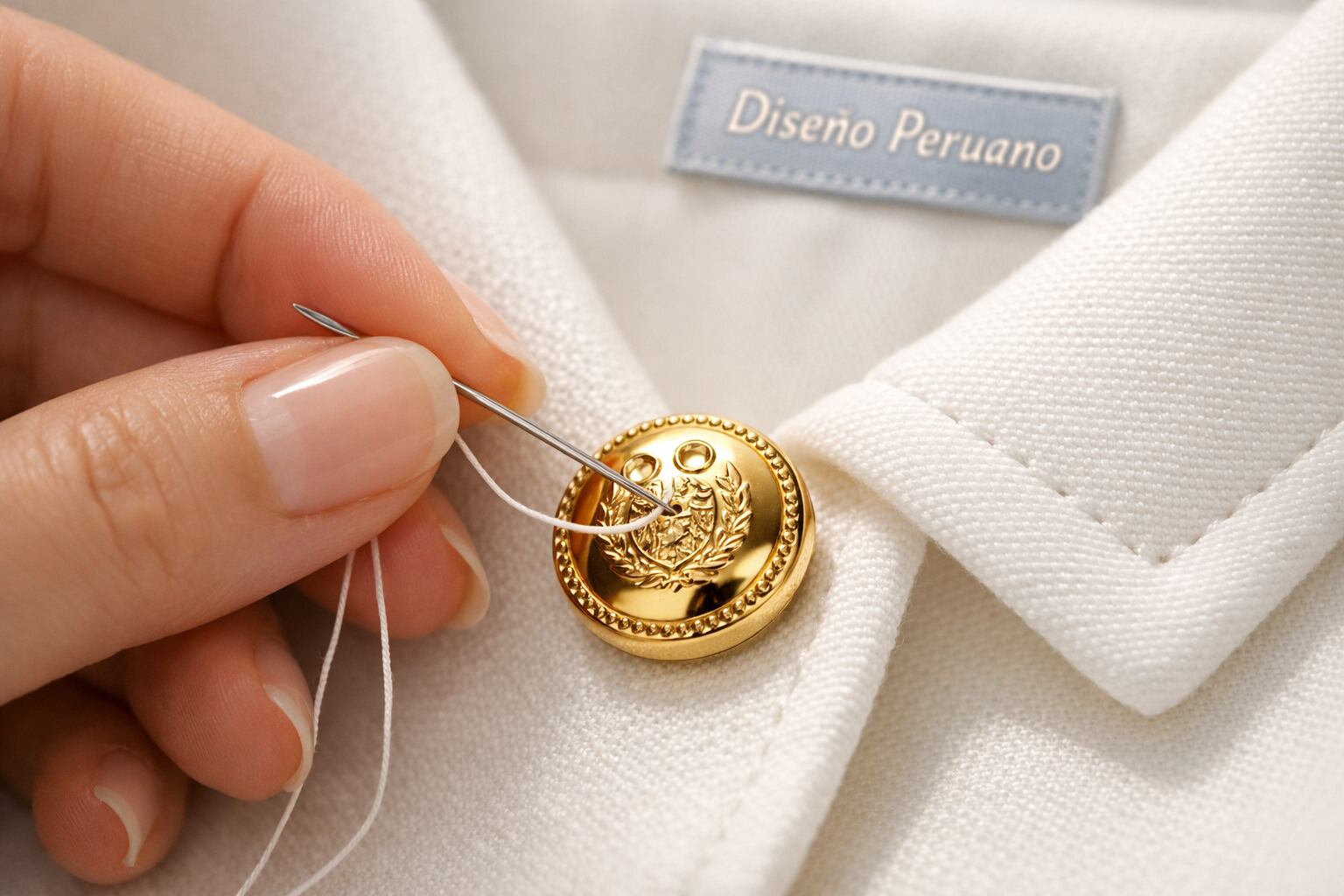 Una mano cose un botón dorado con un escudo en un saco blanco, detalle de la confección presidencial que muestra la etiqueta