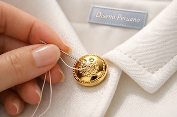Una mano con aguja e hilo blanco cosiendo un botón dorado con escudo en un saco blanco, con una etiqueta "Diseño Peruano" en el fondo.