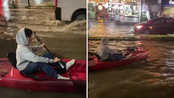Joven navega en kayak por avenida inundada de Puebla y se vuelve viral en TikTok