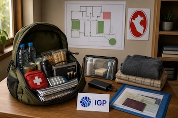 Mochila con agua, enlatados, radio y botiquín junto a ropa, documentos, útiles de aseo, un logotipo del IGP y un plano de evacuación en la pared.