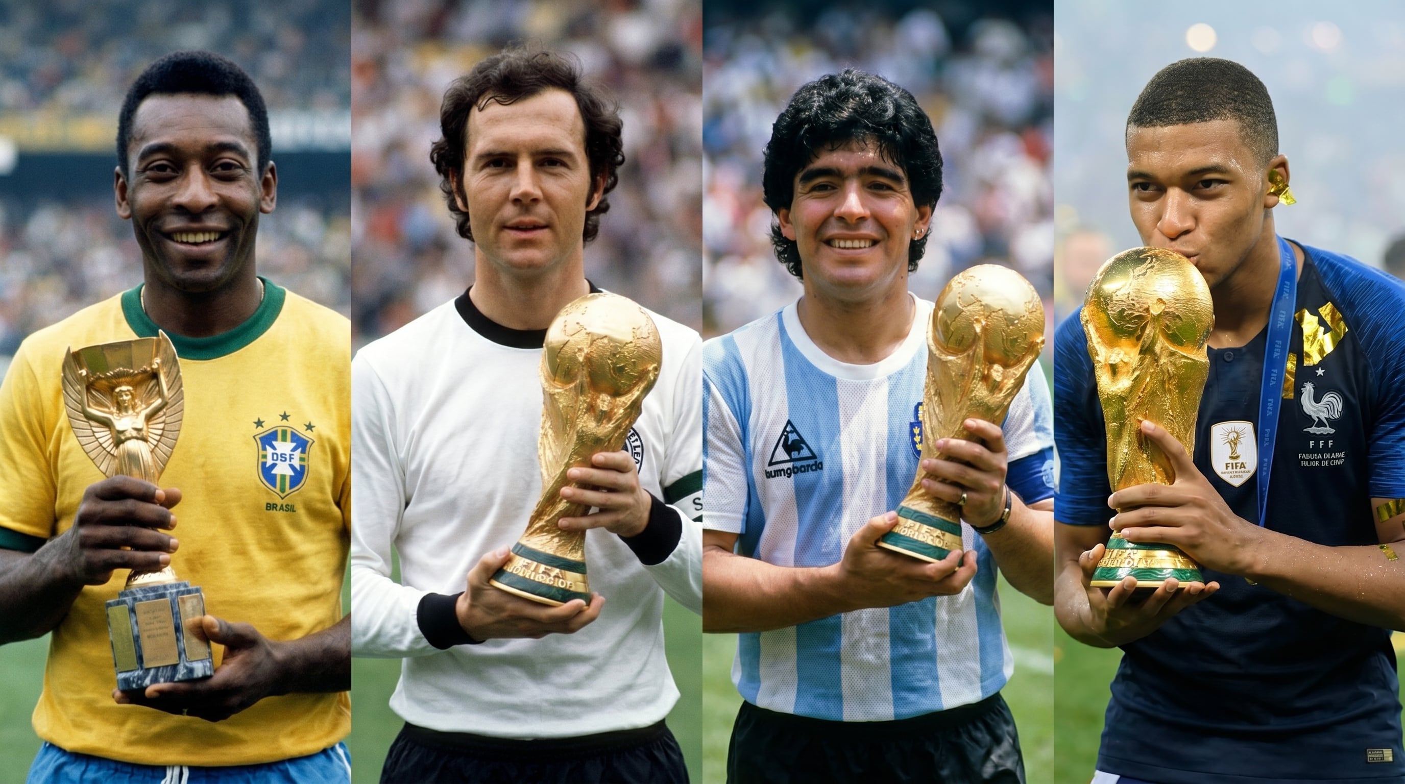 Pelé, Franz Beckenbauer, Diego Maradona y Kylian Mbappé (Imagen generada por IA)