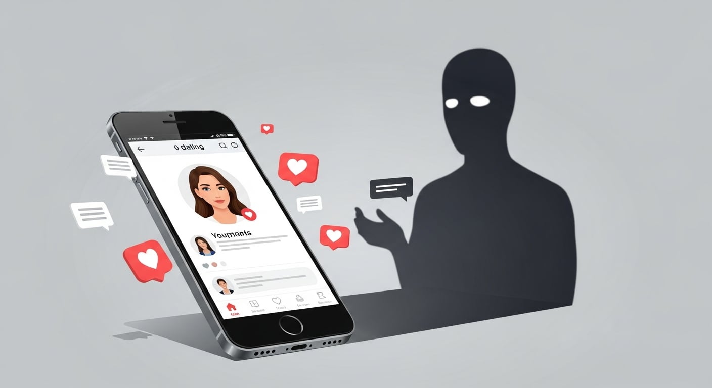 Ilustración digital muestra el riesgo de caer en estafas emocionales a través de aplicaciones de citas. (Imagen Ilustrativa Infobae)