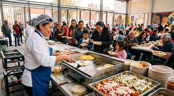 Una cocinera cocina huevos en una plancha con bandejas de chilaquiles al lado, mientras una fila de personas recibe platos servidos.