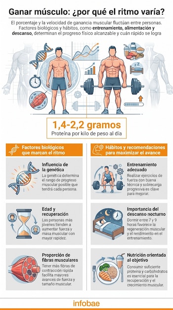 Infografía muestra dos figuras masculinas, ADN, reloj, mancuernas, barra, gráficas, cama, plato con comida, batido y tejido muscular, con texto