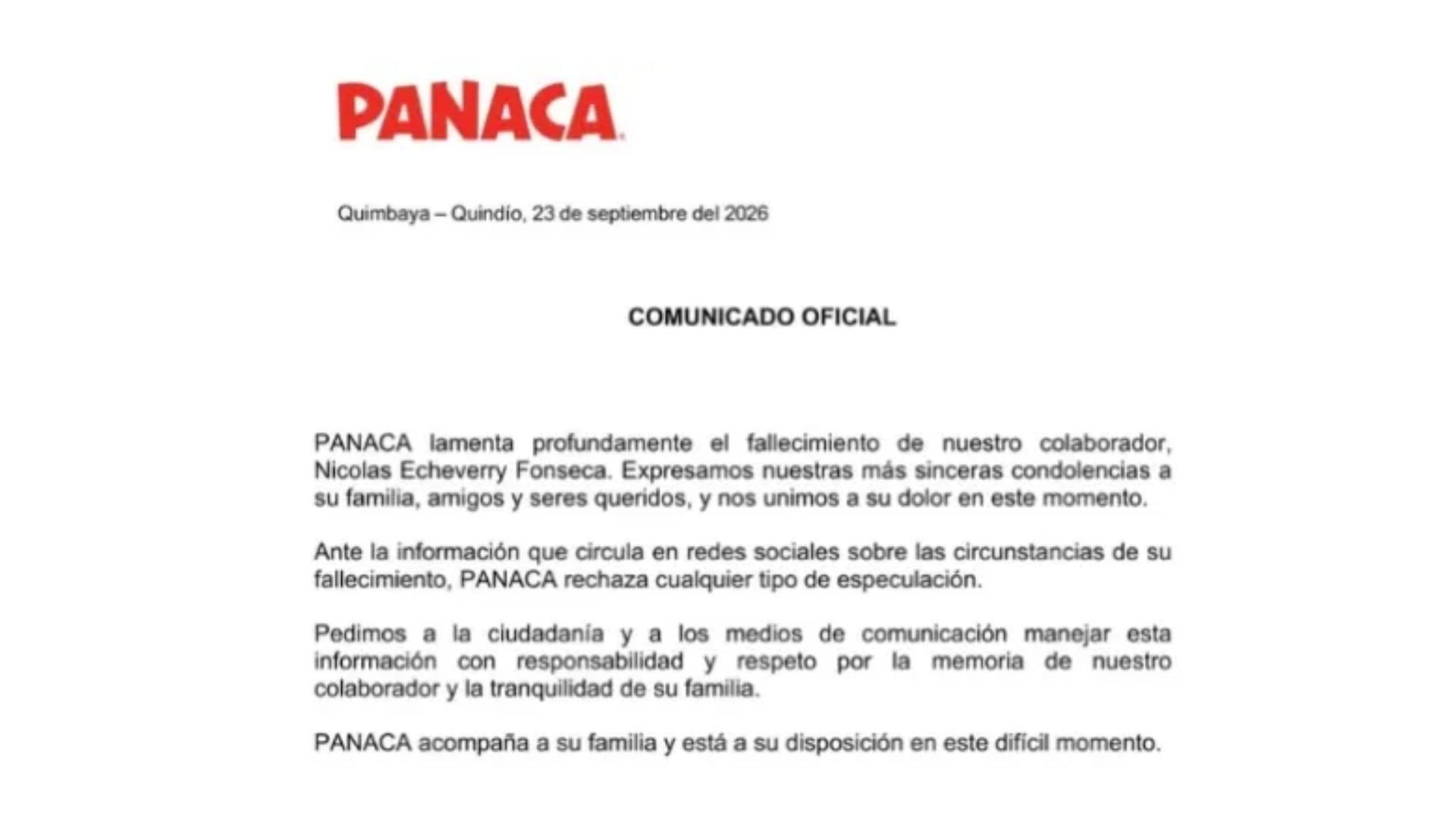 Trabajador de Panaca muere en el parque en Quindío; empresa lamenta el hecho
