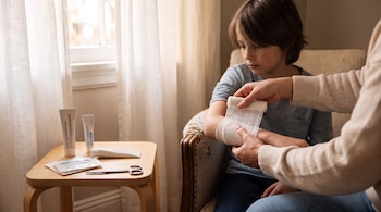 Un niño sentado mientras un adulto envuelve su brazo con una gasa junto a una mesa con cremas y tijeras.