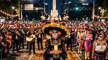 Una mujer con maquillaje de Catrina y sombrero de flores sostiene una vela frente a una multitud disfrazada en una avenida de noche.
