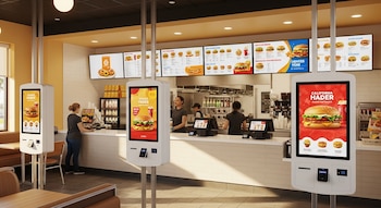 Interior de un restaurante de comida rápida moderno en California con tres kioscos de pedidos digitales en primer plano, menús en pantallas grandes y empleados detrás del mostrador.