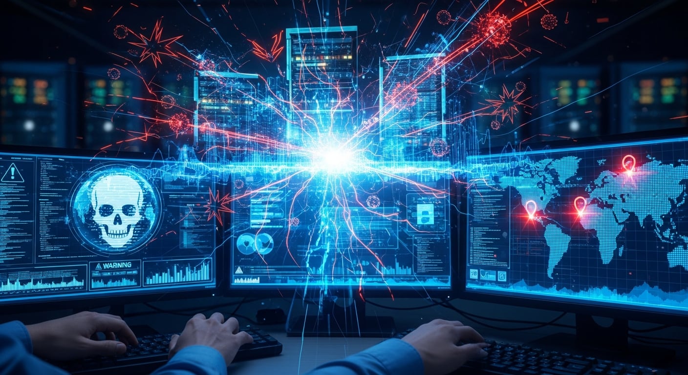 Un experto en ciberseguridad monitorea múltiples pantallas que muestran datos de amenazas y un mapa global de ataques cibernéticos activos. (Imagen Ilustrativa Infobae)