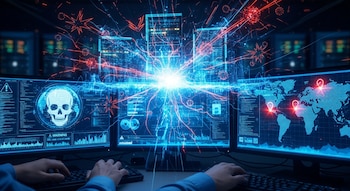 Manos tecleando frente a monitores con gráficos de ciberseguridad: cráneo, mapa global de ataques con puntos rojos y líneas digitales azules/rojas.