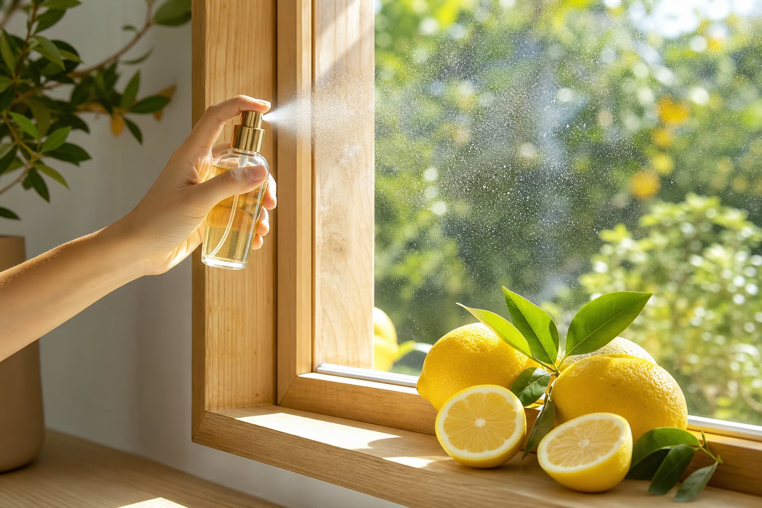 Una persona rocía un ambientador cítrico sobre una ventana de madera rodeada de limones frescos iluminados por el sol. (Imagen Ilustrativa Infobae)