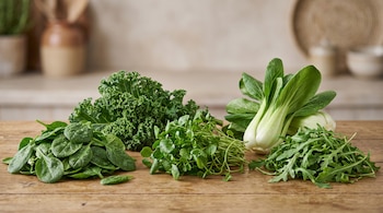 Espinaca, kale, berro, pak choi y rúcula colocados en grupo sobre una mesa de madera.