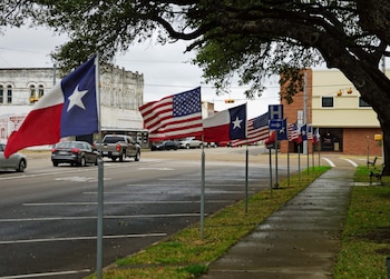 Una hilera de banderas de Texas y de Estados Unidos ondea en astas junto a una acera y un área de estacionamiento en una calle