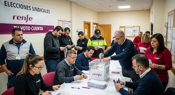 Grupo de trabajadores de Renfe en una sala, llenando papeletas y depositando votos en una urna transparente. Un cartel de "Elecciones Sindicales Renfe" es visible.