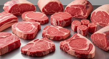 Diversos cortes de carne vacuna cruda de distintas formas y grosores sobre una mesa de acero inoxidable.