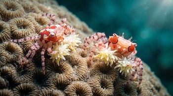 Dos pequeños cangrejos con patrones rojos y blancos sostienen anémonas claras entre sus tenazas sobre un coral rugoso bajo el agua.