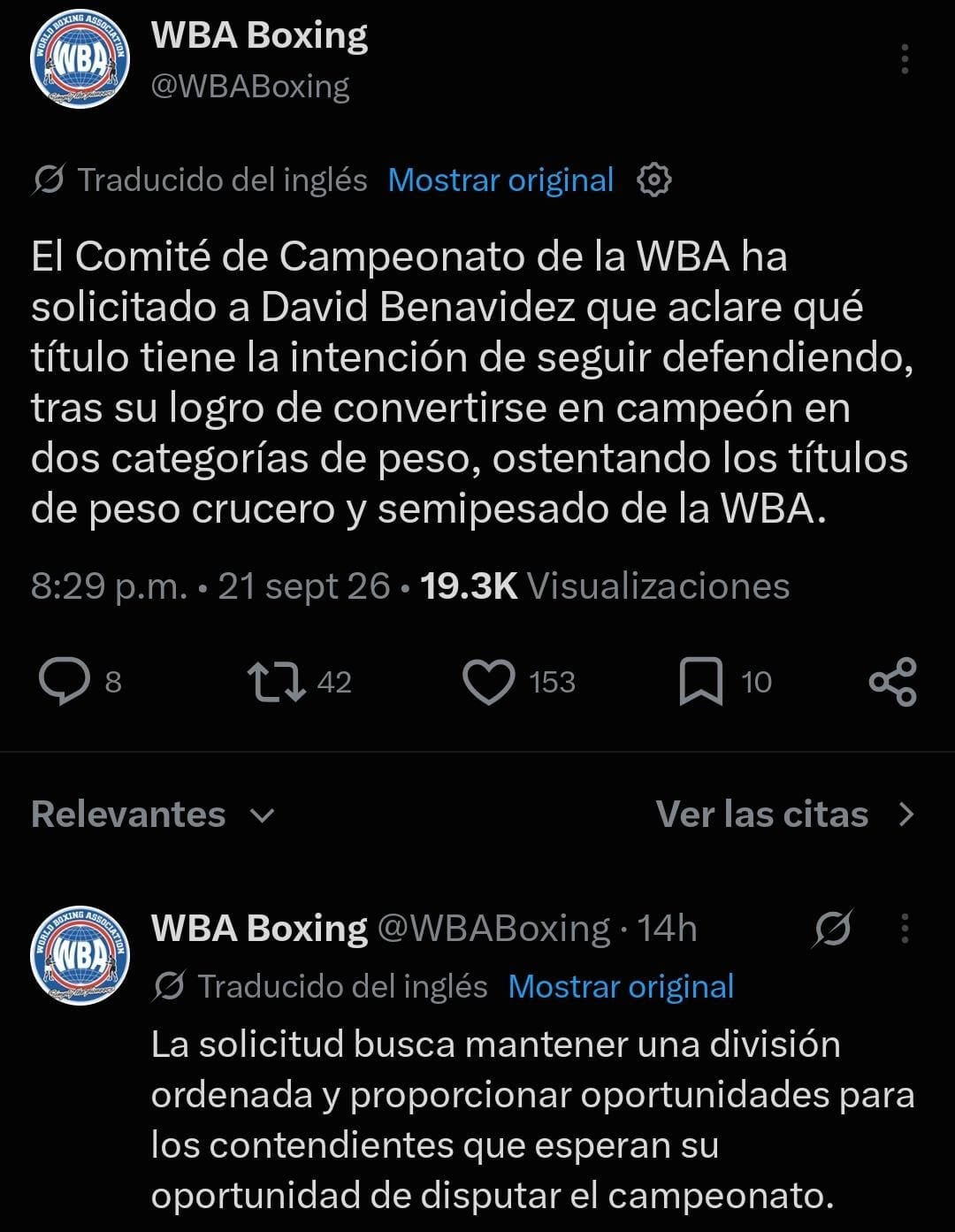 El organismo de boxeo comunicó su solicitud a través de X (antes Twitter) donde explicó que su Comité de Campeonatos requiere una definición luego de que Benavidez se consagrara en dos pesos y retuviera ambos cinturones (Captura de pantalla)