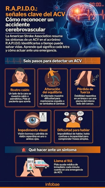 Infografía detallando el acrónimo R.A.P.I.D.O. para reconocer los signos de un ACV: rostro caído, equilibrio, fuerza, visión, habla y llamada al 911.