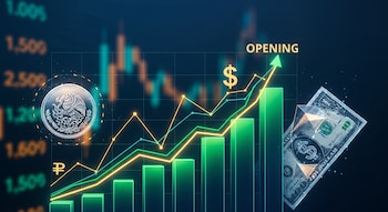 Moneda de peso mexicano y billete de dólar sobre un gráfico bursátil con barras ascendentes y líneas de tendencia, y la palabra 'OPENING'.