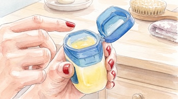 Ilustración en acuarela de unas manos sosteniendo un frasco abierto de vaselina sobre una mesa junto a un cepillo y una toalla.