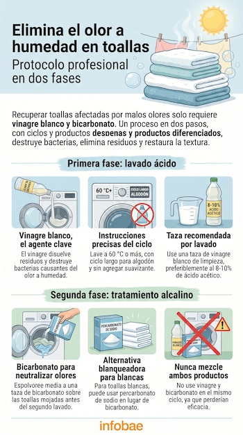 Infografía que muestra dos fases para eliminar el olor a humedad de las toallas, detallando el uso de vinagre blanco y bicarbonato con lavadoras e instrucciones.