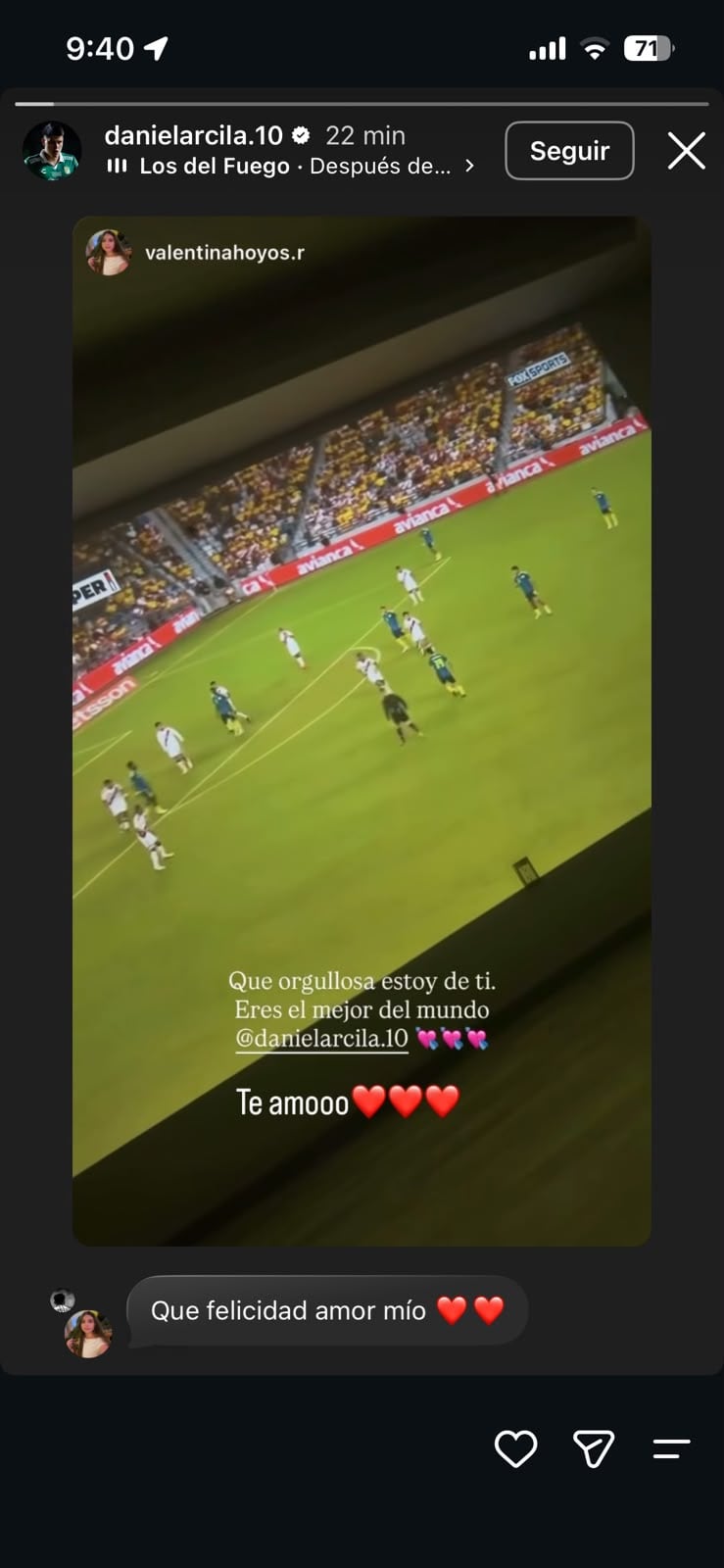La celebración de Valentina Hoyos, pareja sentimental de Daniel Arcila, luego de su debut goleador con la selección Colombia - crédito @danielarcila.10/Instagram