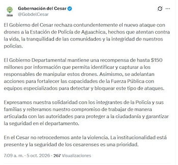 La Estación de Policía de Aguachica sufrió un ataque con drones cargados de explosivos. Ofrecen recompensa - crédito @GobdelCesar/X