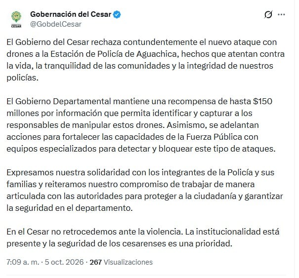 La Estación de Policía de Aguachica sufrió un ataque con drones cargados de explosivos. Ofrecen recompensa - crédito @GobdelCesar/X