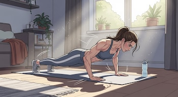 Ilustración de una mujer con cola de caballo, top deportivo y leggings, haciendo flexiones en una esterilla de yoga en una habitación iluminada.