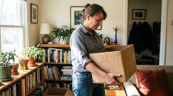 Mujer de mediana edad en camisa azul y jeans sostiene una caja de cartón vacía en su casa. Se ven estanterías con libros, plantas y una ventana.