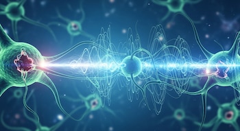 Ilustración digital. Neuronas verde-azuladas en un fondo azul. Un haz de luz azul-violeta con ondas se extiende por el centro, conectando células y mostrando actividad.