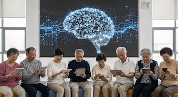 Ocho adultos mayores asiáticos sentados usan tabletas y móviles en un centro. Detrás, un mural muestra un cerebro azul estilizado con circuitos, simbolizando la IA.