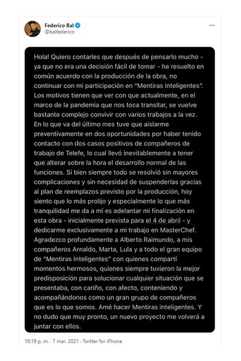 Fede Bal renunció a Mentiras